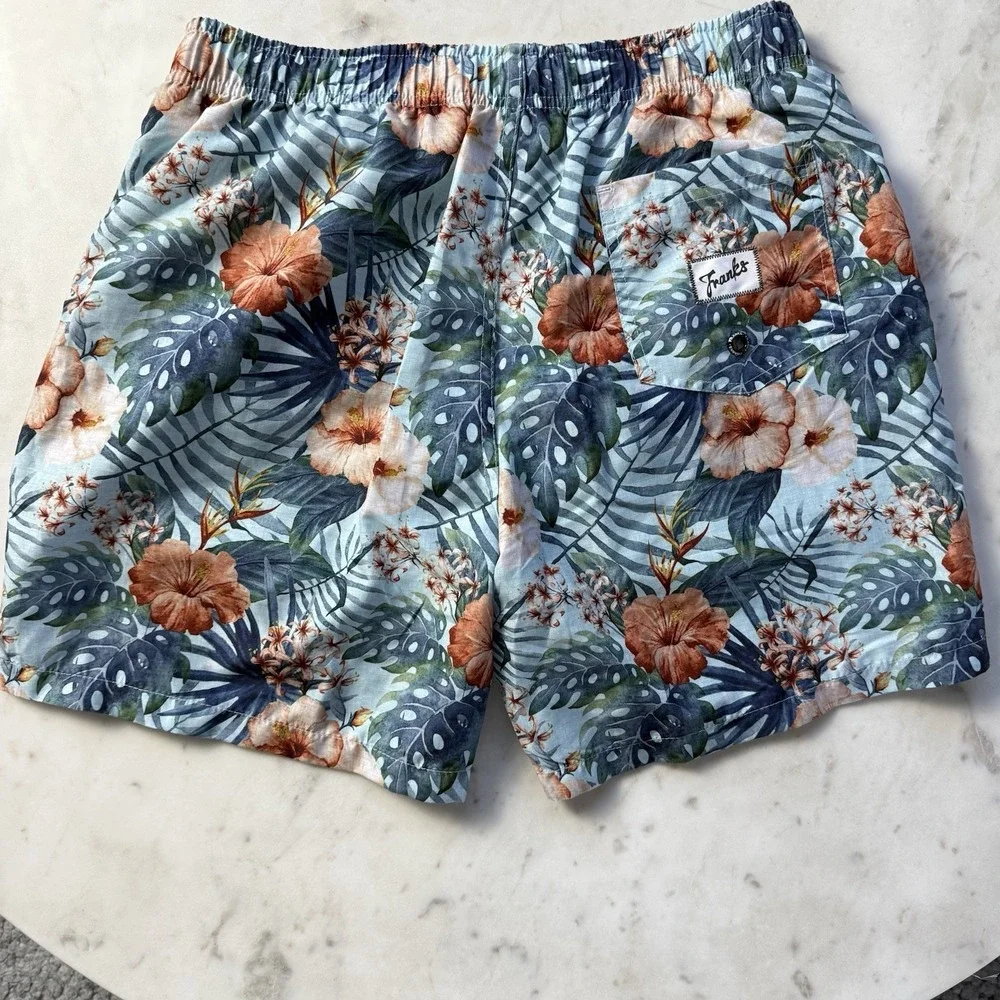 NEW Franks Australia Swim Trunks Maui Sky Floral Small Lined $89‎ White Lotus